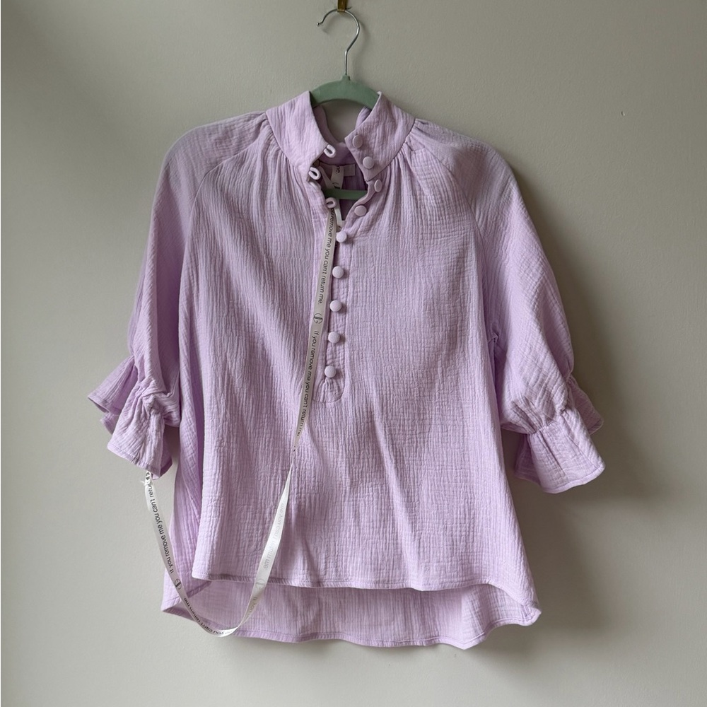 NWT Vita Grace Lavender Lilac Half Sleeve Button-Up Ruffle Women's Top Blouse